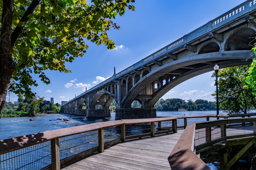 Scenic view of the Gervais Street Bridge from the West Columbia Riverwalk, overlooking the Congaree River.